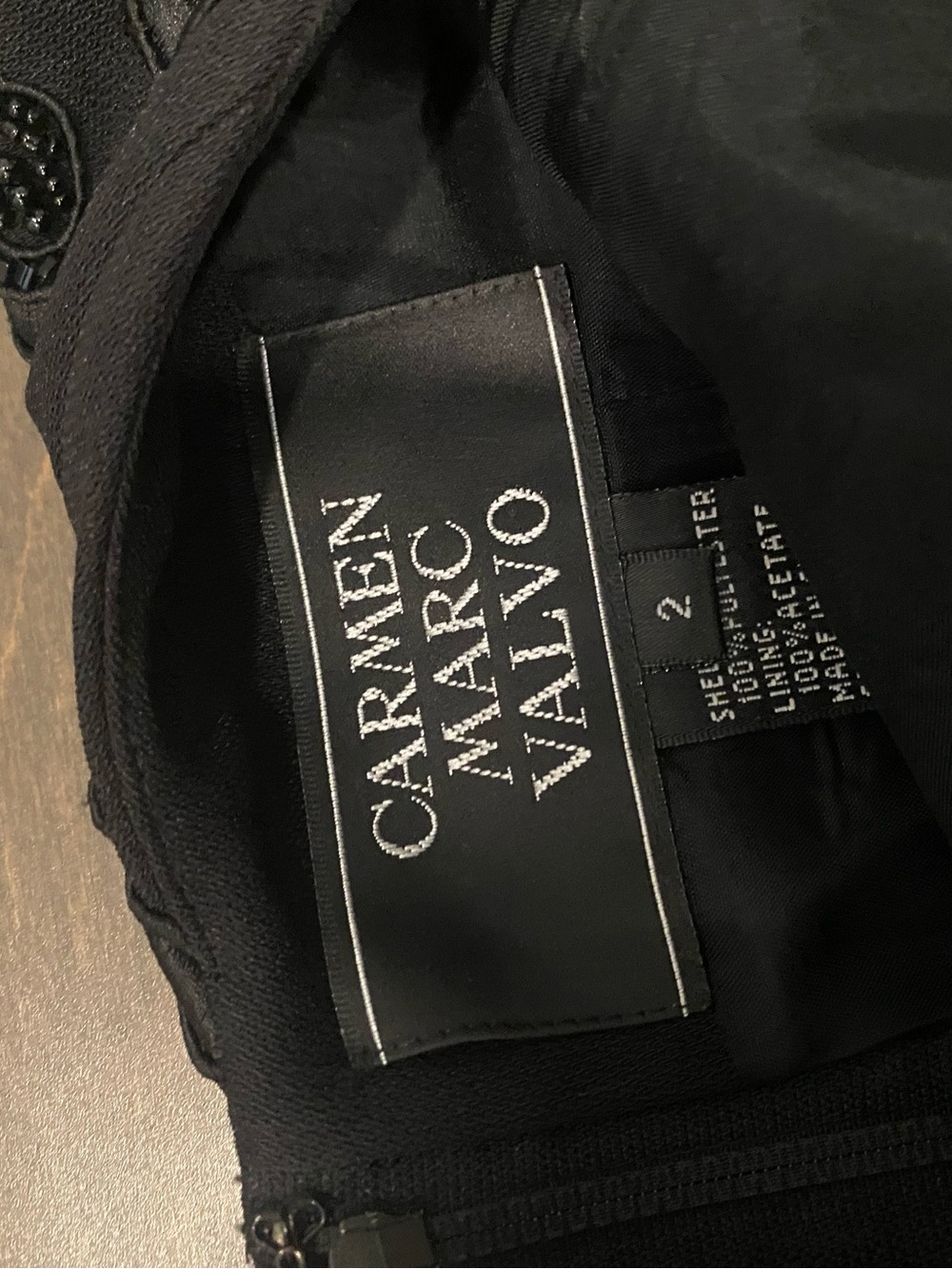 Carmen Marc Valvo Black Evening Dress Label Detail